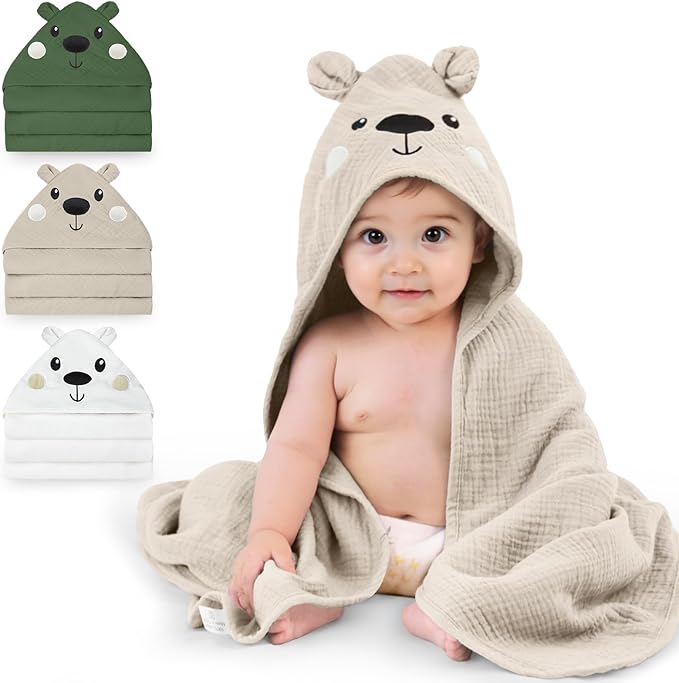FIOBEE Hooded Baby Towels 100% Muslin Baby Bath Towels for Newborn with Animal Design Ultra-Soft and Absorbent Bath Essentials for Toddler, Unisex Girls Boys 30 x 30 inch, Light Coffee Bear