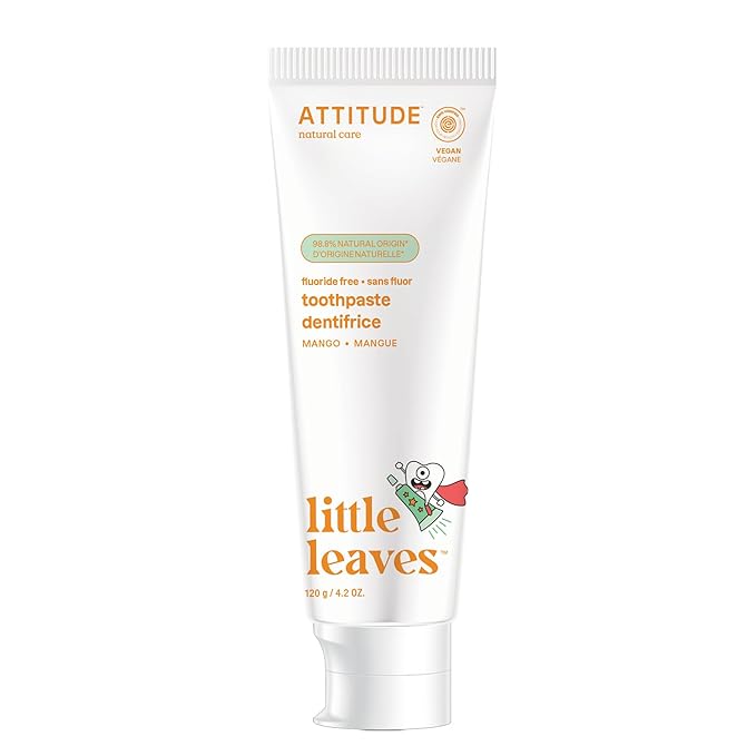 ATTITUDE Kids Fluoride-Free Toothpaste, EWG Verified, Plant- and Mineral-Based Ingredients, Vegan, Sugar-Free, Mango, 4.2 Oz