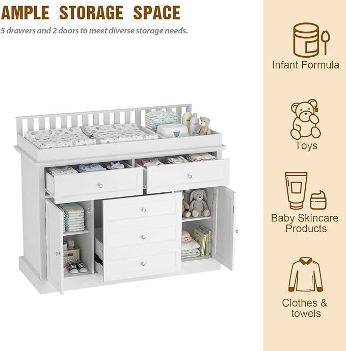 46“ Baby Dresser with Changing Table Top, White Dresser with Storage Drawers and Doors for Nursery, Multifunctional Nursery Baby Changing Table Dressers, Diaper Station Cabinet for Kids Room