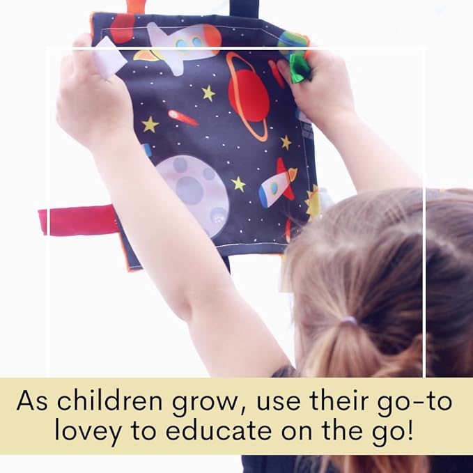 Baby Jack & Co 8x8” Outer Space Lovey Tag Toys for Babies - Crinkle Toys - Travel Self Sooth - Soft & Safe - Learn Shapes, Colors, Planets - BPA Free w/Stroller Clip