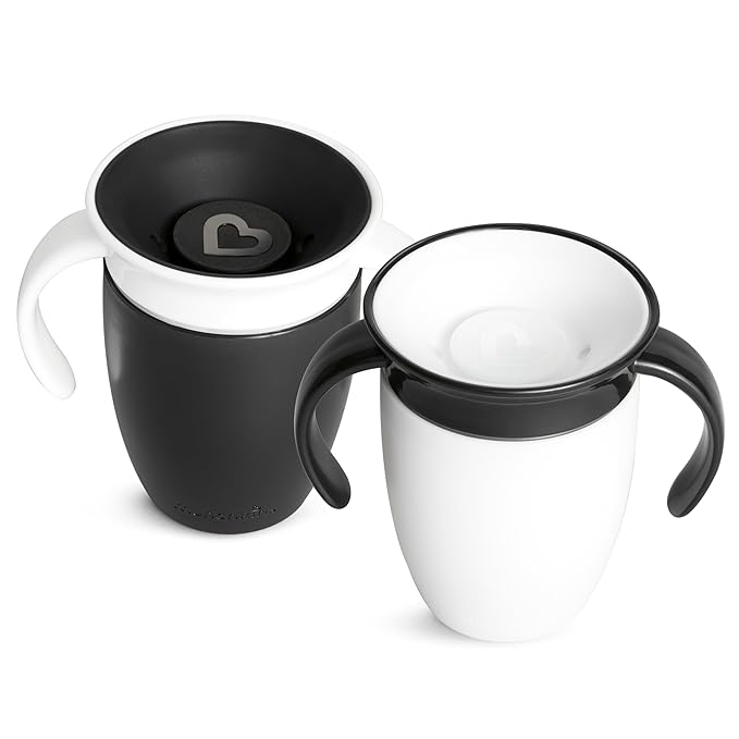 Munchkin Sippy Cup for 6 Month Old and Up, Spill Proof Miracle 360 Toddler Cups with Transition Handles, 7 Ounce, 2 Pack, Black/White