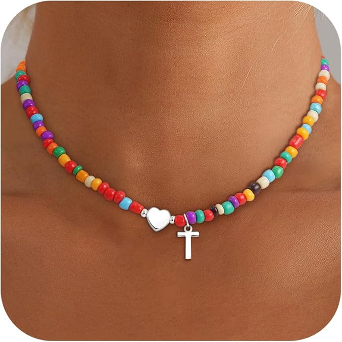 Valentines Day Gifts for Kids Women Girls - Colorful Beaded Initial Necklace Teen Girls Trendy Stuff Dainty Letter Choker Necklace Valentines Day Gifts for Her Mom Wife Jewelry