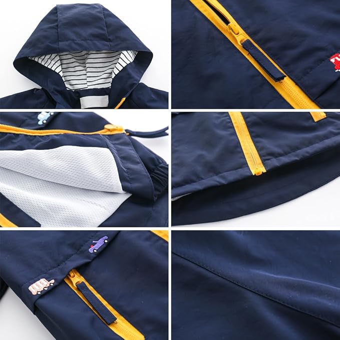 FYMNSI Kids Boys Lightweight Waterproof Hooded Jacket with Pockets Toddler Spring Fall Outfits Zip Up Thin Outwear Coats