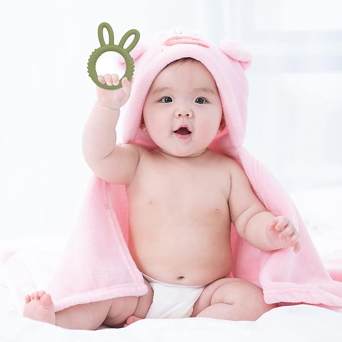 Silicone Babies Teethers Baby Teething Toys for Soothe Massage Sore Gums for 3-12 Months Infants, BPA Free, Easter Gifts for Boys and Girls, Ring Shape Rabbit Ear Design (Army Green)