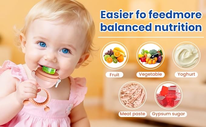 Baby Fruit Food Feeder Pacifier with 3 Different Size Silicone Pouch,Teethers for Babies 6-12Months, Baby Solid Food Essentials, Push Pop Silicone Feeder, Nutrition Feeder, BPA Free, 1 Pice, Orange