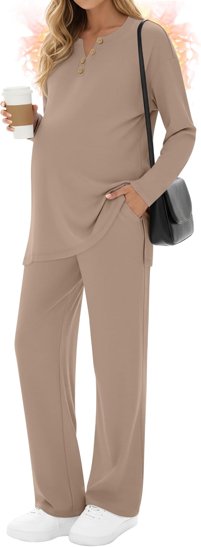 2 Piece Thermal Maternity Lounge Set Postpartum Pregnancy Fleece Loungewear Long Sleeve Top and Wide Leg Pant