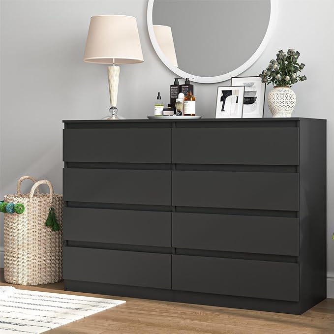 Black 8 Drawer Dresser for Bedroom,Modern Large Dresser with Deep Drawer,Wide Storage Chest of Drawer, Bedroom Storage Furniture Drawers for Living Room