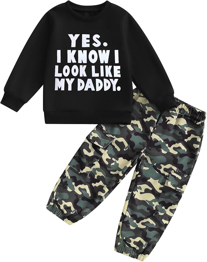 wdehow Toddler Kids Baby Boy Fall Outfits 1T 2T 3T 4T 5T Letter Print Long Sleeve Tops Camouflage Pants Winter Clothes Sets