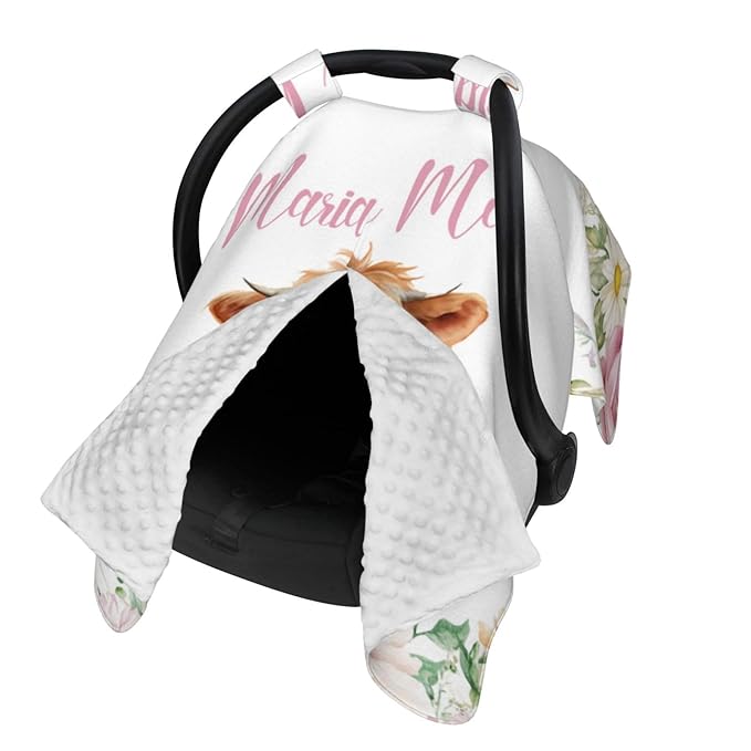 Personalized Baby Girl Car Seat Canopy for Babies, Custom Name Baby Car Seats Cover for Girls, High Land Cow Floral Opening Minky Nursing Breastfeeding Covers for Infant, Carseat Canopies for Newborn
