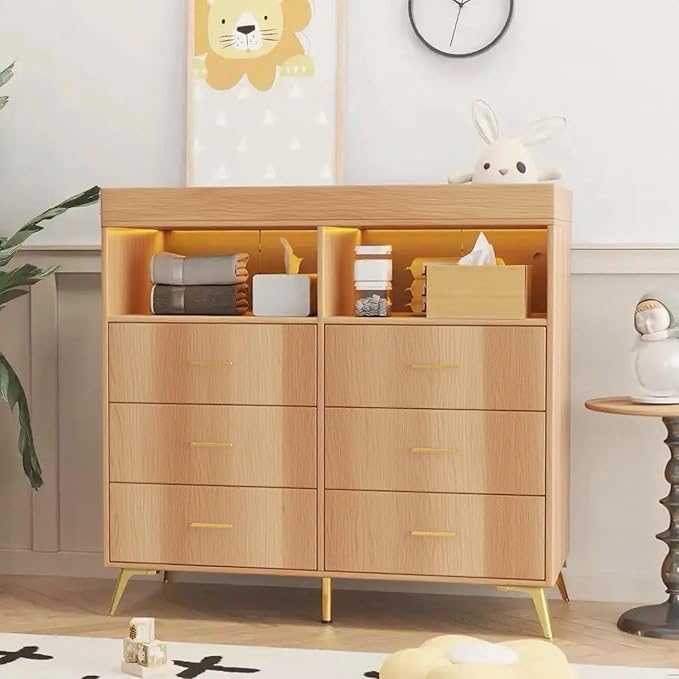 Baby Changing Table Dresser with 6 Drawers, Baby Nursery Dresser, LED Lights & Charging Station – Multifunctional Nursery Dresser with Removable Changing Top, Anti-Tip Design, Nature