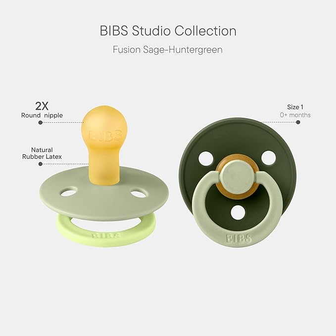 BIBS Colour Studio Pacifier 2-Pack, BPA Free, Round Nipple. Natural Rubber Latex, Made in Denmark, Size 1 (0-6 Months) - Sage/Huntergreen