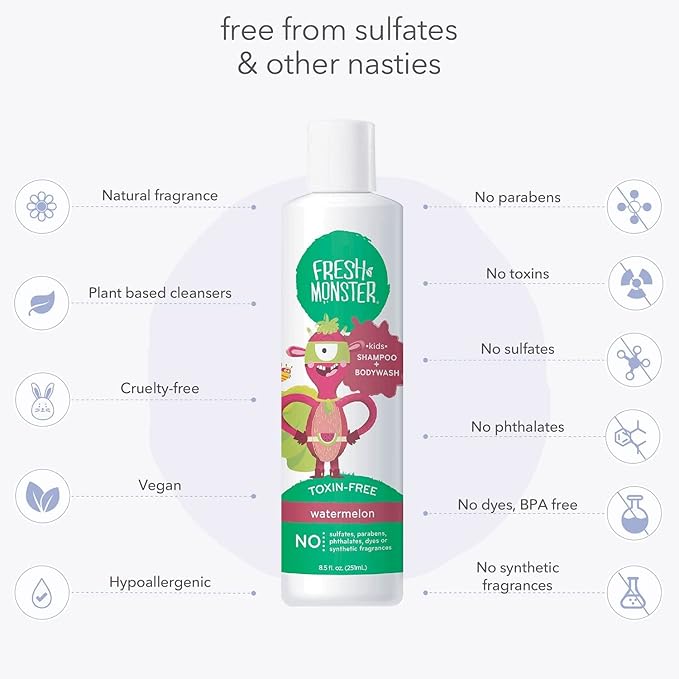 Fresh Monster 2-in-1 Shampoo & Body Wash, Toxin-Free, Hypoallergenic, Natural for Children, Watermelon - 2 Pack, 8.5oz/Each