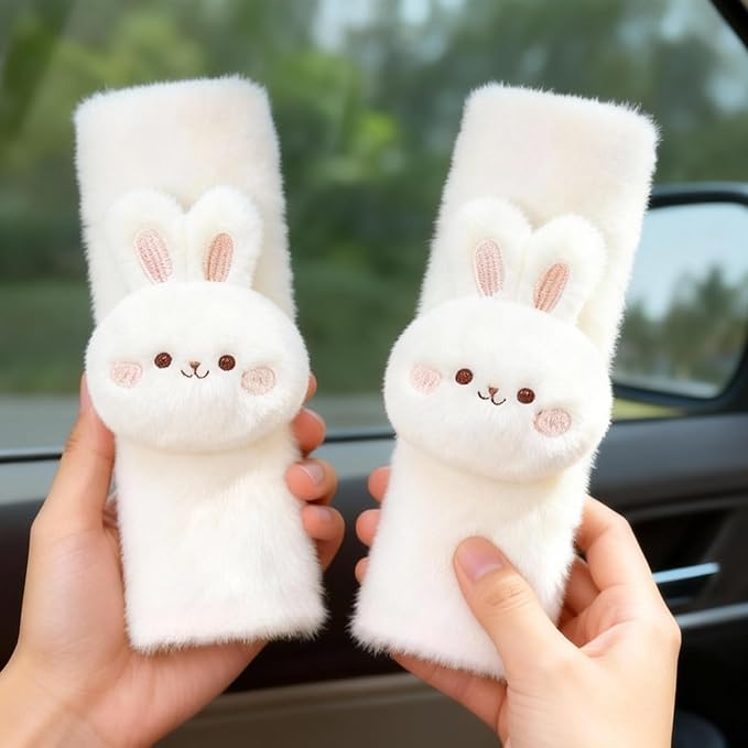 2 PCS Seat Belt Cover Pad, Cute Kawaii Animal Bunny Seatbelt Covers for Kids and Adults, Winter Plush Fluffy Soft Seat Belt Cover, Cartoon Seatbelt Cushion,Car Seat Strap Pads (F-Bunny)