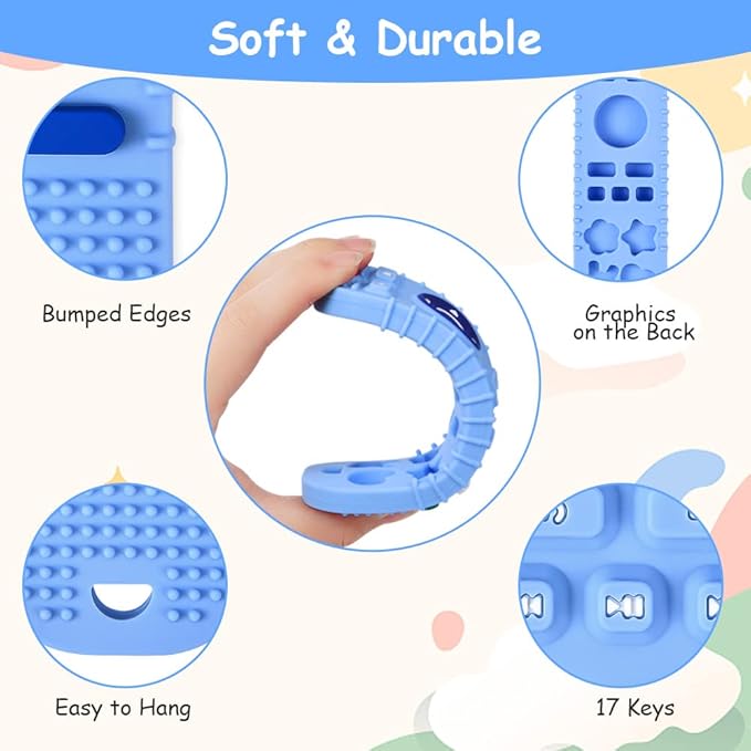 Silicone Baby Teething Toys, Remote Control Shape Teethers Toys with Teething Tubes and Pacifier Clip, Baby Teething Toys for 3 Months+, Remote Teething Toy BPA Free/Freezable/Dishwasher Safe(Blue)