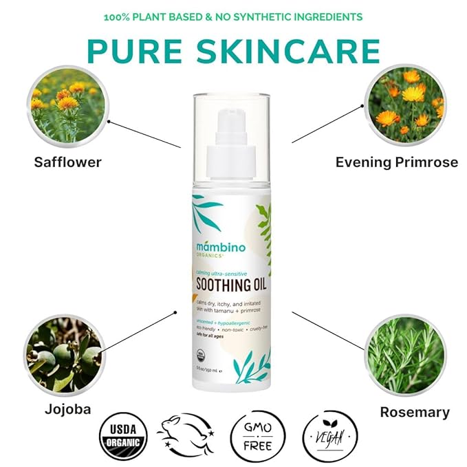 Mambino Organics Soothing Baby Oil, Organic Unscented Body Oil with Jojoba, Evening Primrose, Hydrates Dry, Itchy Skin, Gentle for Babies, Kids, Vegan, Baby Care Products, 5 fl oz