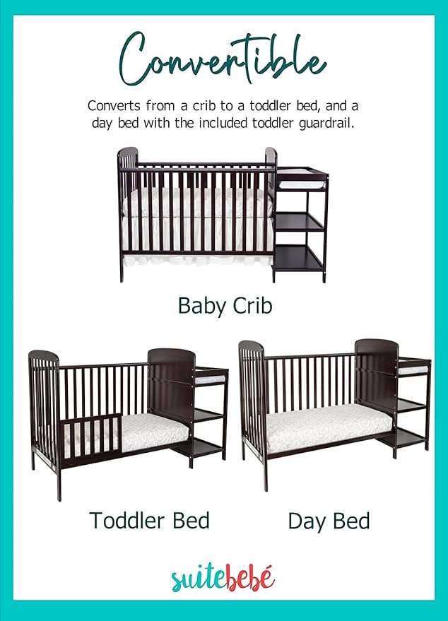 Suite Bebe Ramsey 3-in-1 Convertible Crib and Changing Table with Toddler Guard Rail Bundle, Expresso