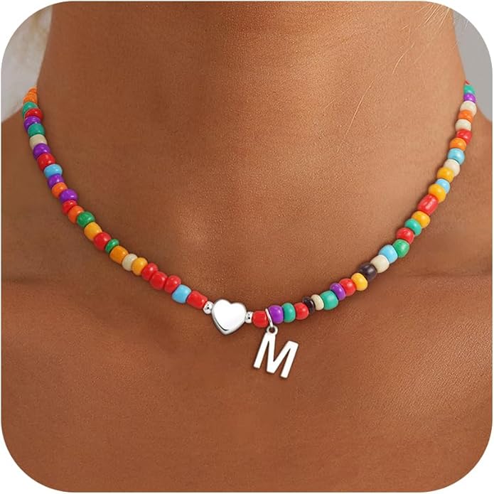 Valentines Day Gifts for Kids Women Girls - Colorful Beaded Initial Necklace Teen Girls Trendy Stuff Dainty Letter Choker Necklace Valentines Day Gifts for Her Mom Wife Jewelry