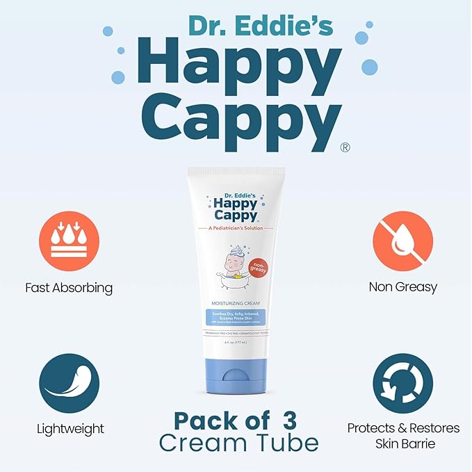 Happy Cappy Moisturizing Cream - Baby Eczema Cream, Eczema Lotion for Kids, Pediatrician-Formulated, Gentle, Paraben Free, Hypoallergenic, Soothes Dry Skin - 6 Fl Oz (Pack of 3)