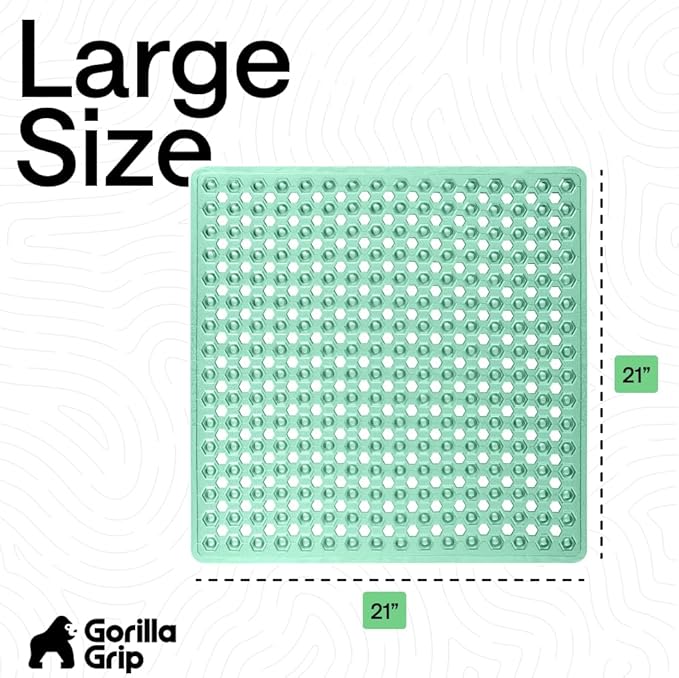 GORILLA GRIP Patented Square Shower Stall Mat, Small Bathtub Floor Mats for Stand Up Showers with Suction Cups and Drainage Holes, Machine Wash, Soft on Feet, Bathroom Accessories 21x21 Inch, Green