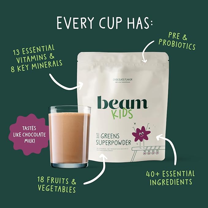 Beam Kids All in One Superfood Powder, Nutritional Shake, Organic Greens, Probiotics, Vitamins, Immune Support, Gut Health, Superfood Drink, Daily Nutrition for Children, No Artificial Sweeteners