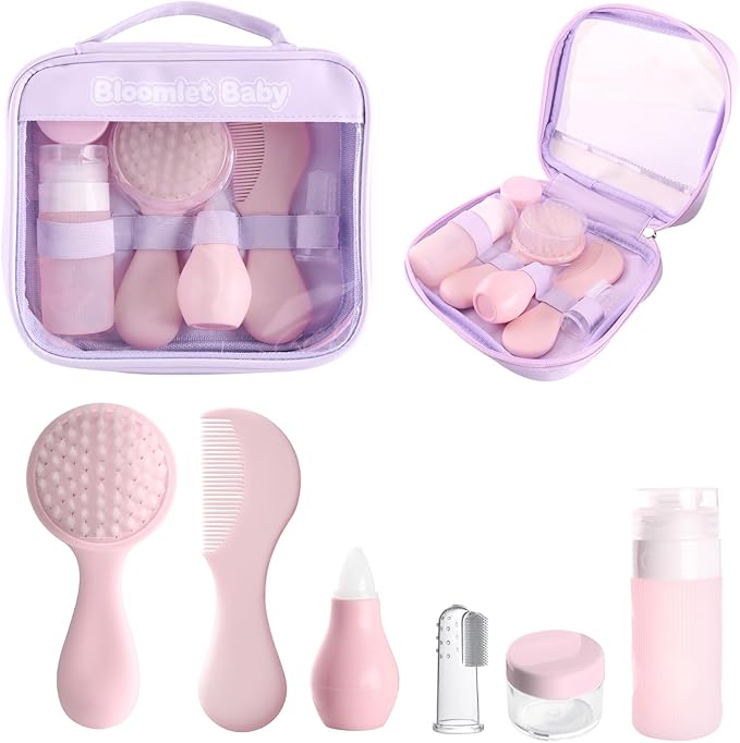 Baby Care Kit, Baby Grooming Kit,6-Piece Newborn Grooming Set with PP Baby Comb & Brush, Silicone Nasal Aspirator, Travel Bottles (60ml/20ml), Toothbrush, Newborn Care Set (Pink)