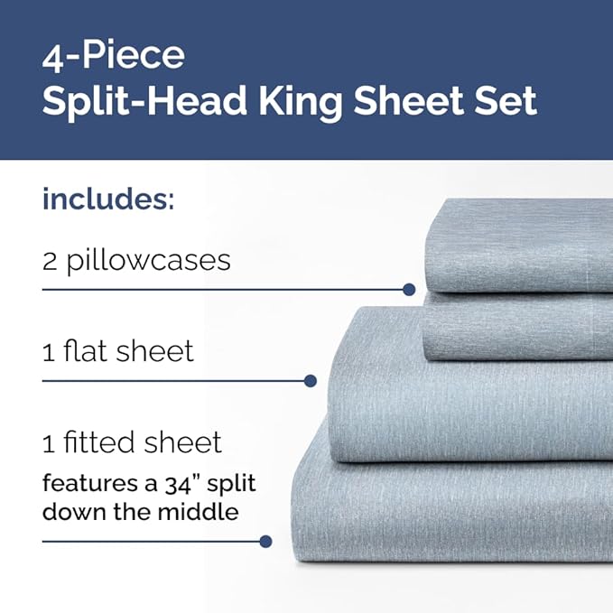 Split Head King Sheet Set – 4 Piece Flex Split Top King Sheets for Adjustable Beds - Fits 14” to 16" Mattress w/ Deep Pockets - Breathable & Cooling - Luxury Bedding and Wrinkle Free - Heathered Blue