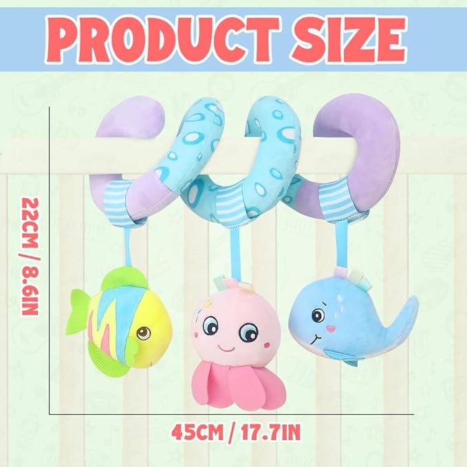 Caterbee Baby Stroller Toy, Activity Spiral Plush bar Toy Accessories, Car Seat Toys with Bell for boy or Girl 0 Months+ (Ocean)