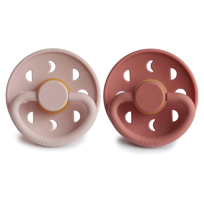 FRIGG Moon Natural Rubber Baby Pacifier | Made in Denmark | BPA-Free (Blush/Powder Blush, 0-6 Months) 2-Pack