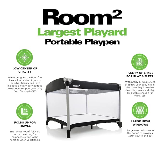 Joovy Room² Large Portable Playpen for Babies and Toddlers with Nearly 10 sq ft of Space, Large Mesh Windows for 360 View, and Waterproof Mattress Sheet - Folds Easily when Not in Use (Black)