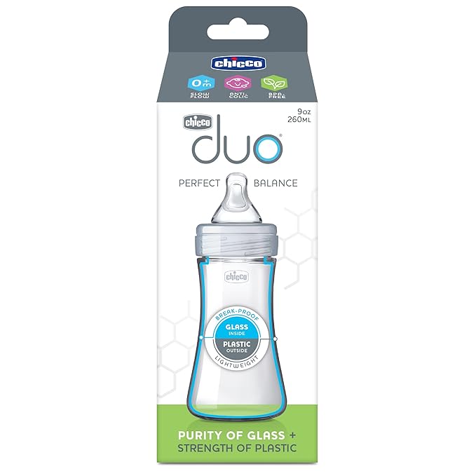 Chicco Duo 9oz. Hybrid Baby Bottle with Invinci-Glass Inside and Plastic Outside | Dishwasher, Bottle Warmer, and Electric Sterilizer Safe | Intui-Latch Nipple | Clear/Grey (Pack of 4)
