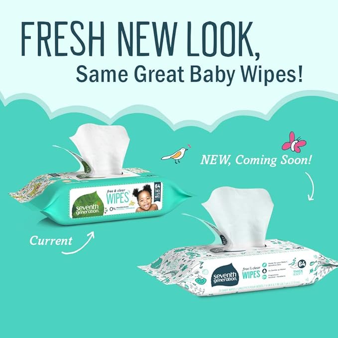 Seventh Generation, Baby Wipes, Unscented and Sensitive, 64 Count (Pack of 2)