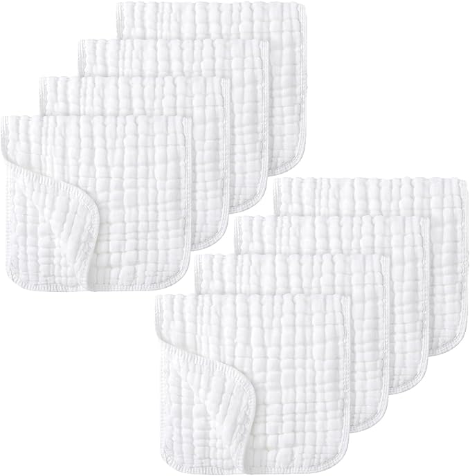 8 Pack Muslin Burp Cloths for Baby, 100% Organic Cotton Baby Washcloths for Boys Girls Large 20''X10'' Super Soft and Absorbent (White-8 Pack)