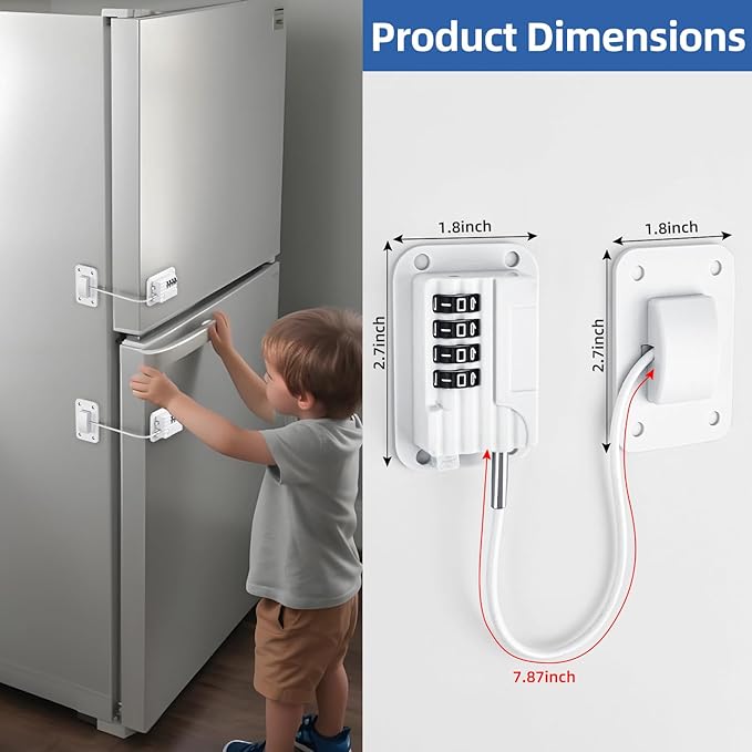 Refrigerator Lock, Heavy Duty Fridge Locks for Kids, Freezer Lock with Combination for Refrigerator Drawer Cabinet Safety, Easy to Install No Keys Needed White