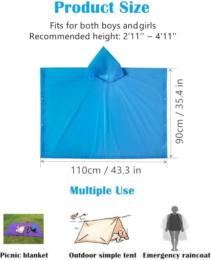 Rain Poncho for Kids (2 Pack), Reusable EVA Children Raincoat Ponchos Rain Jacket with Hood for 6-14 Girls Boys