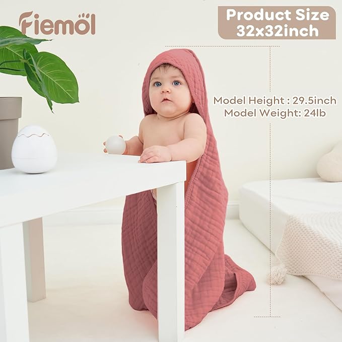 Baby Bath Towels, 100% Muslin Cotton Hooded Baby Towels Girl for Newborn, 2 Pack Pink Baby Towels with Hood for Infant Toddler and Kids, Large 32x32Inch, Soft and Absorbent
