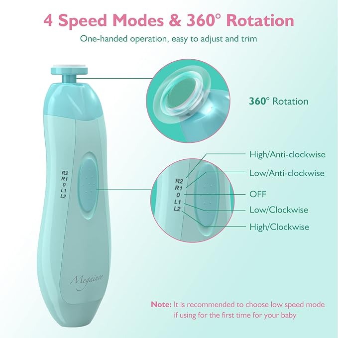 Baby Electric Nail Trimmer with LED Light 10 Grinding Heads Safe Electric Baby Nail File Whisper Baby Nail Polish Grooming Kit for Newborn Toddlers Kids Adults Toes Fingernails Care - Green