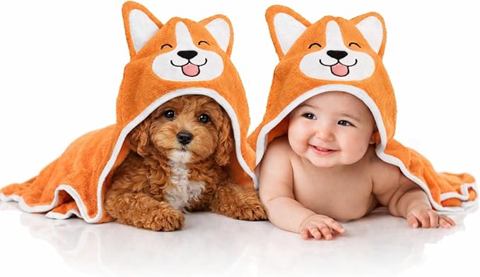 Generic Corgi Dog Baby Bath Hooded Towel - Cozy & Warm - Ultra Soft and Absorbent - Baby Bath - Toddler - Newborn - Pets - Free Washcloth - 35" x 35" (Orange)