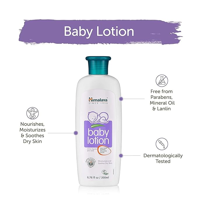 Himalaya Baby Lotion with Olive Oil and Almond Oil, Free from Parabens, Mineral Oil & Lanolin, Dermatologist Tested, 6.76 oz (200 ml)