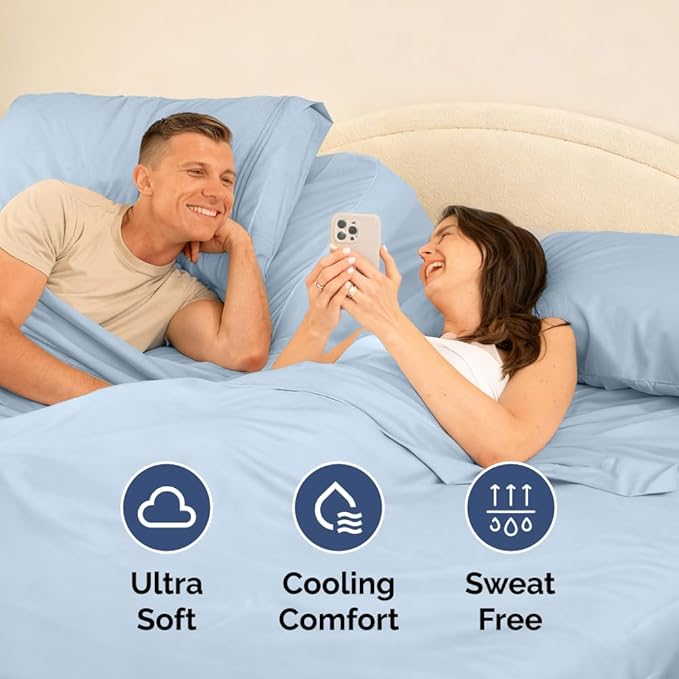 Split Head King Sheet Set – 4 Piece Flex Split Top King Sheets for Adjustable Beds - Fits 14” to 16" Mattress w/ Deep Pockets - Soft, Breathable & Cooling - Luxury Bedding & Wrinkle Free - Light Blue