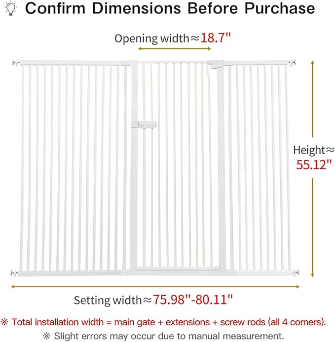 Lumizone Extra Tall Cat Gate 55.12" High Pressure Mounted Extra Wide 2025 New (17 Sizes) 1.37" Gap No Drilling Auto-Close One-Handed Operation Tall Pet Gate for Dogs(White, 55.12" H x 75.98"-80.11" W)