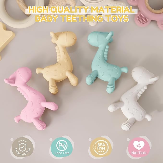 TYRY.HU Baby Teething Toys for Babies 0-6 6-12 Months,BPA Free Silicone Giraffe Teethers Toys, Soft-Textured Chew Toys, Montessori Sensory Toys for Boys Girls Teething Relief, 4 Pack