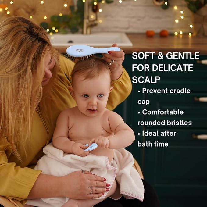Baby Hair Brush Set for Newborns - Baby Brush and Comb Set - Ultra Soft Goat Hair Bristles, Perfect for Cradle Cap, Newborn Showers & Registries Gift, Comb Brush for Girls & Boys (Sky)
