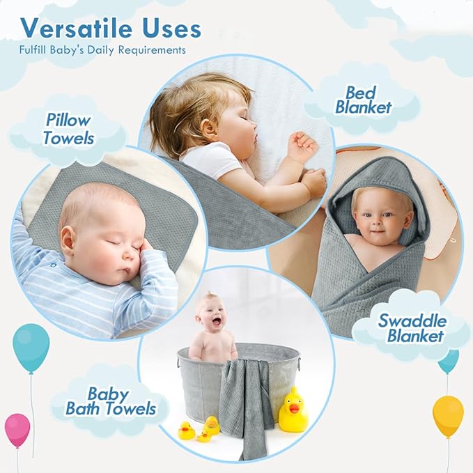 Orighty Baby Hooded Towel with Five Washcloths, 28 x 28 Inch Super Soft Bath Towel with Hood for Babies, Infant, Newborn Essential - Ideal Baby Stuff Registry for Boys and Girls (Grey) (Pack of 2)
