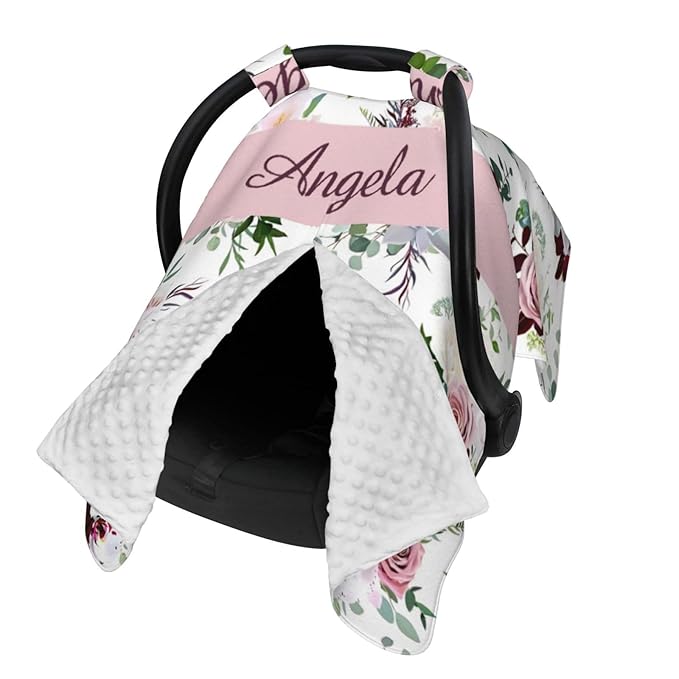 Personalized Baby Car Seat Canopy for Babies with Name, Custom Pink Purple Floral Stroller Car Seat Covers for Girls, Minky Nursing Carseat Cover for Breastfeeding, Car Seat Canopies for Newborn