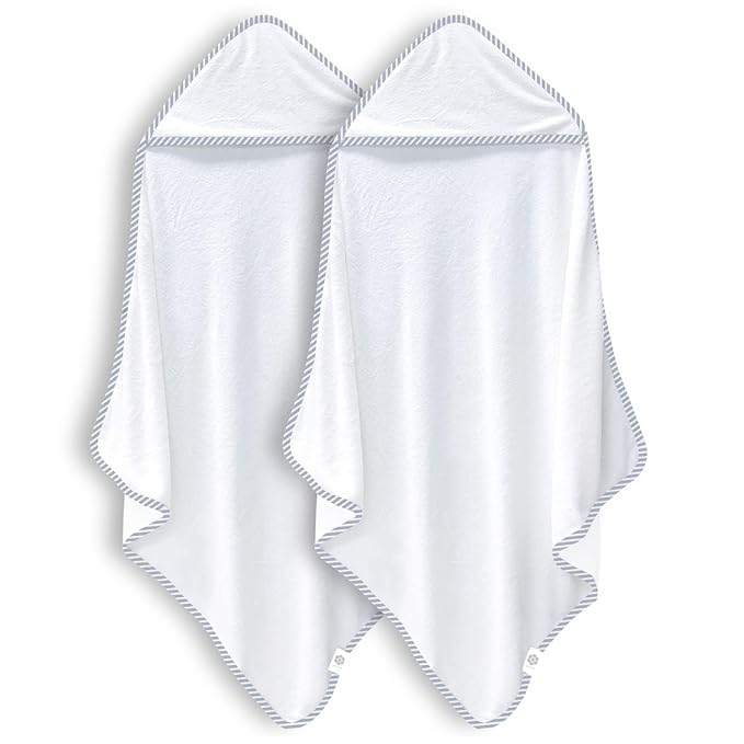 2 Pack Baby Bath Towel - Rayon Made from Bamboo, Ultra Soft Hooded Towels for Kids - X Large Size for 0-7 Yrs (White and Stripe, 37.5 x 37.5 Inch)