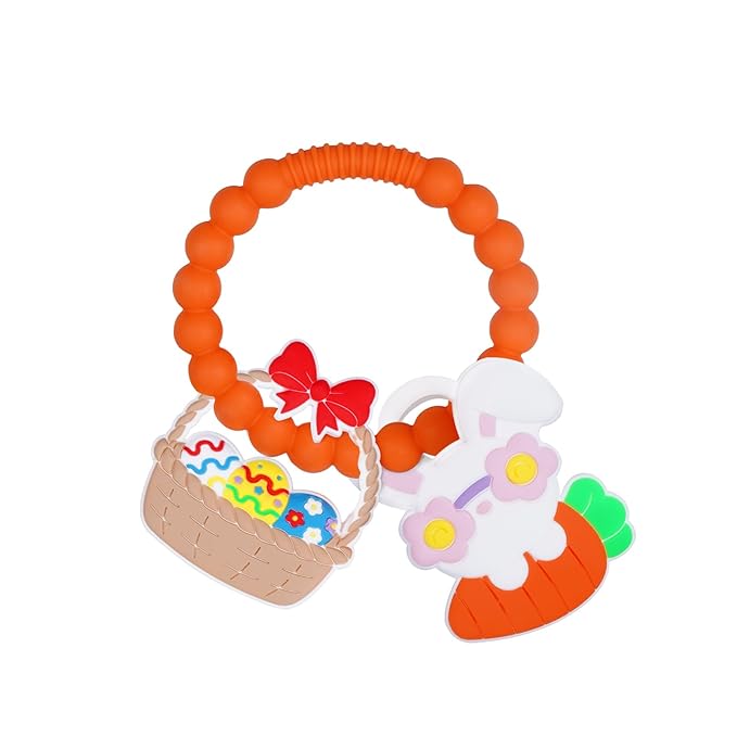 Silicone Baby Ring Toy with Two Teethers,Must Haves Teething Relief Chew Toys for 0-6,6-12 Months Boys and Girls,Newborns Essentials,Safe and Soft,BPA Free. (Easter)