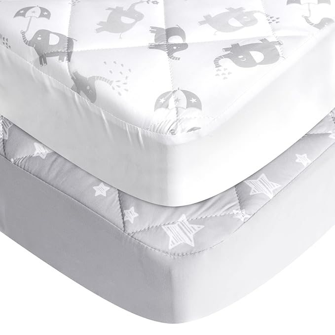 Pack and Play Sheets Fitted 2 Pack, Compatible with Graco Pack n Play, Soft and Breathable Playpen Sheets 39"×27"×5", Gray Star&Elephant
