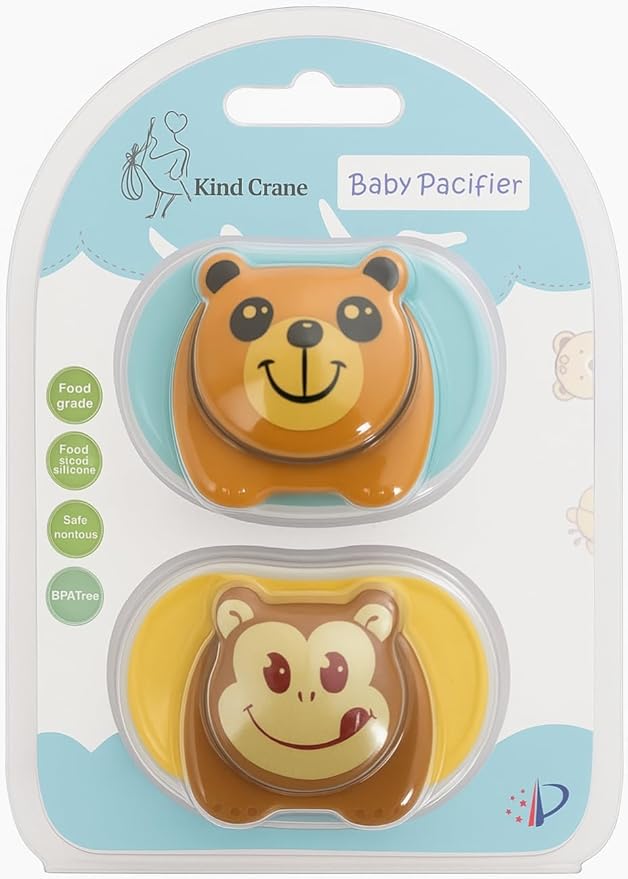 Cartoon Animal Baby Toddler & Children Natural Shaped Orthodontic Pacifier/Binky (Monkey and Bear Variety Pack)