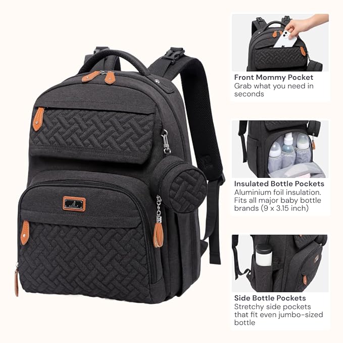 BabbleRoo Diaper Bag Backpack - Travel Large Baby Diaper Bag with Changing pad, Waterproof Baby Bags for Mom & Dad, Unisex Bags with Pacifier Case, Luggage Strap & Stroller Clips– Black