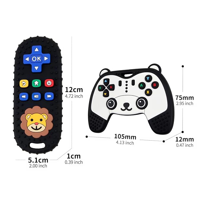 Baby Teething Toy, Soft TV Remote and Game Controller Shape Chew Set, Educational Toy for Intellectual Development, Safe Silicone for Toddler and Infant (Blue (Panda Handle + Lion Remote Control))